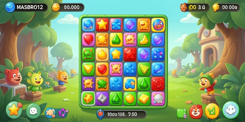 Screenshot gameplay MASBRO12 yang menunjukkan kombinasi warna-warni dalam permainan Match-3.
