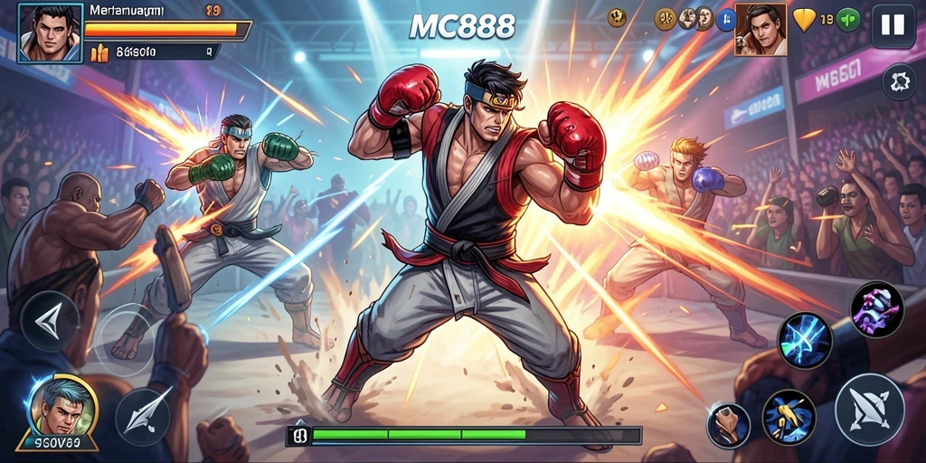 Tampilan gameplay <strong>MC888</strong> yang menegangkan saat karakter bertarung di arena.