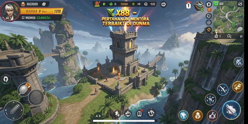 Tampilan gameplay X88 yang menegangkan saat mempertahankan menara.